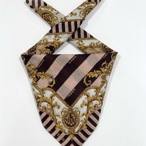 FENDI Women Handkerchief Brown Gold Striped Baroque COTTON POCKET SQUARE 20”